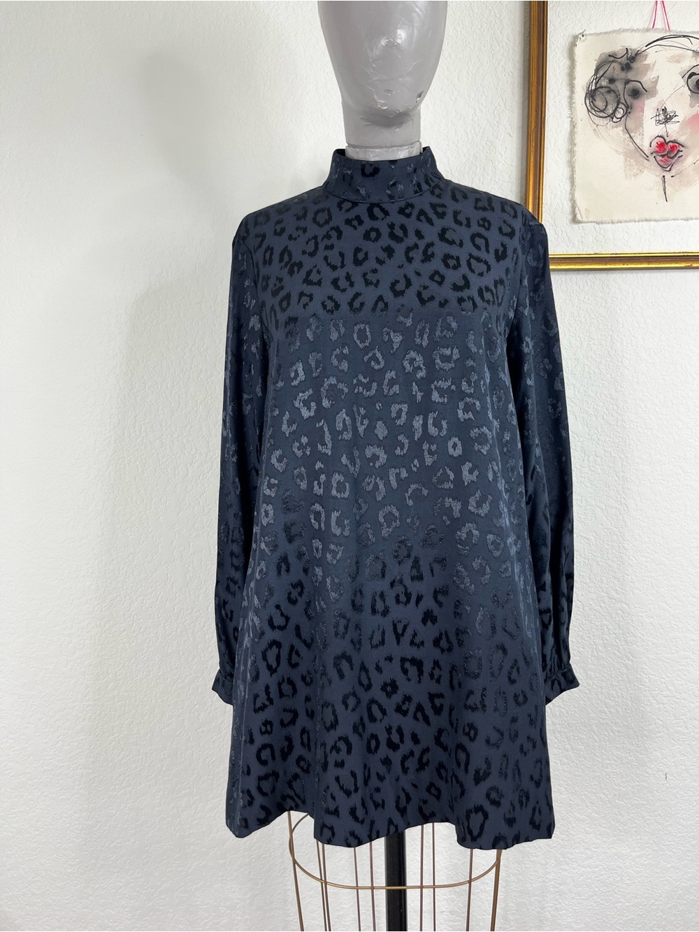 APC High Neck Satin Animal Leopard Print Long Sleeve Black Mini Dress